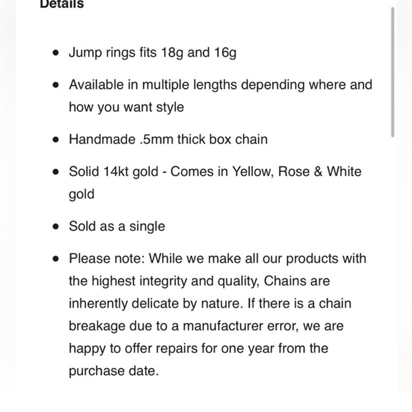 14K gold single box earring chain - Picture 4 of 4